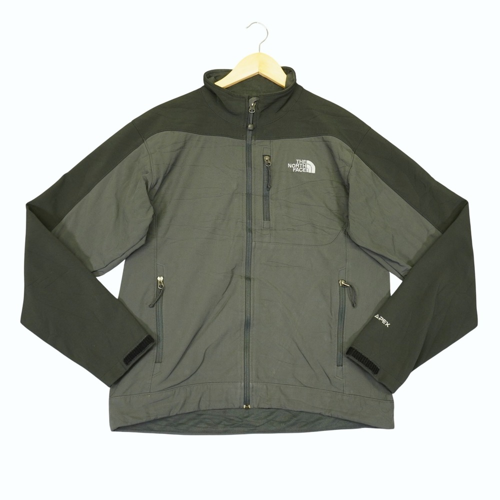 The North Face Apex Softshell Jacket Mens L Grey Black Full Zip Fleece Lined